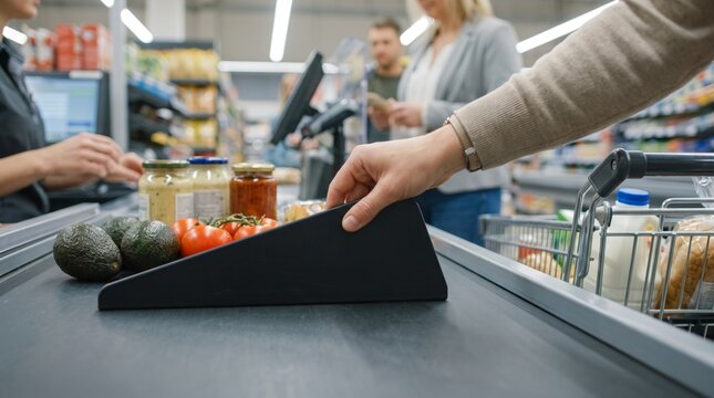 Customer placing divider on conveyor belt at supermarket checkout counter