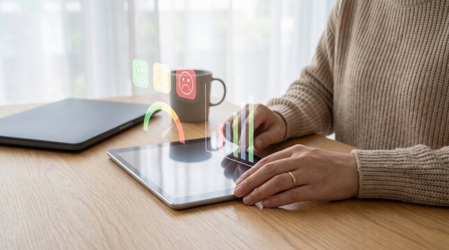 Person using a digital tablet displaying customer satisfaction survey results and data ana