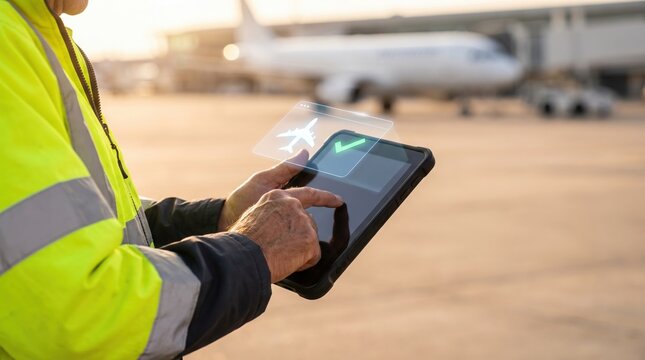 An airport worker checks a digital tablet on the tarmac with an airplane nearby.