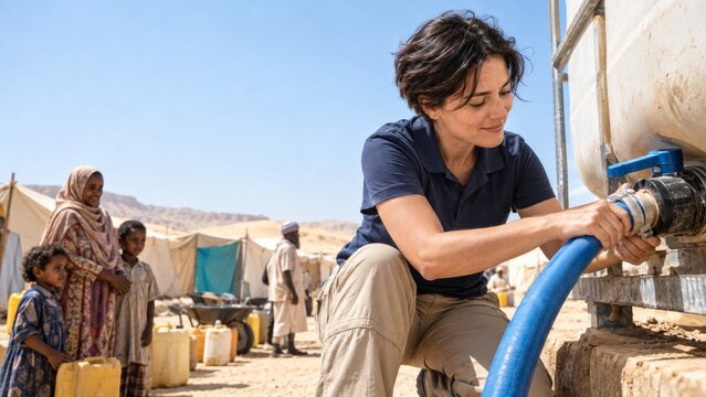 Woman attaches hose to water tank at desert camp as residents wait with containers. Clean water access and humanitarian aid. Water supply infrastructure. Camp water distribution.