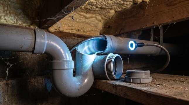 Plumber inspecting plumbing pipe with an endoscope camera inside a crawlspace
