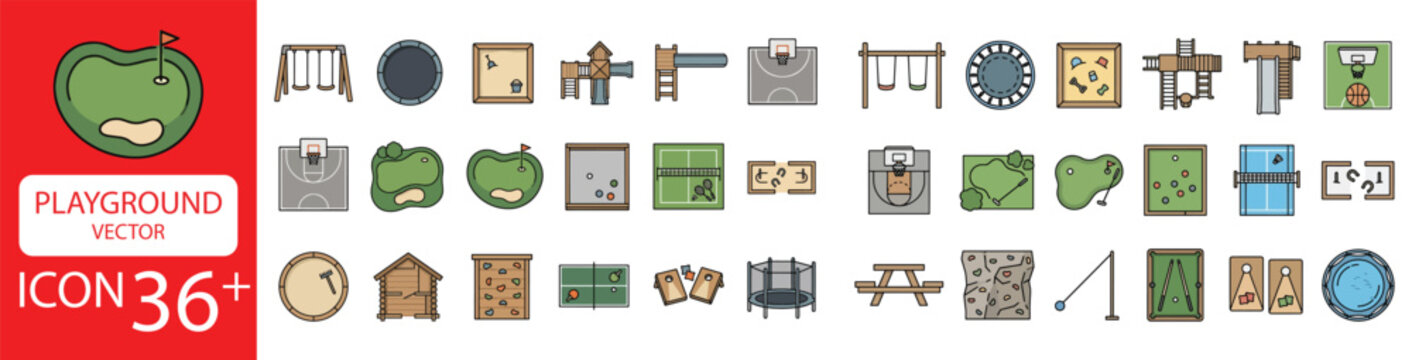 Playground Vector Icon Set, Top View Park Icons with Slide Swing Sandbox Bench and Climbing Frame Vector Collection
