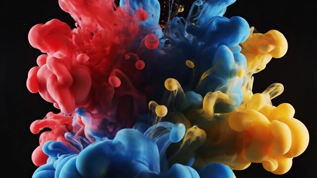Colorful paint in water swirling abstract, vibrant red blue yellow ink cloud background, creative artistic fluid motion explosion