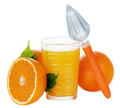 Freshly squeezed orange juice with oranges and a juicer sitting on a white background