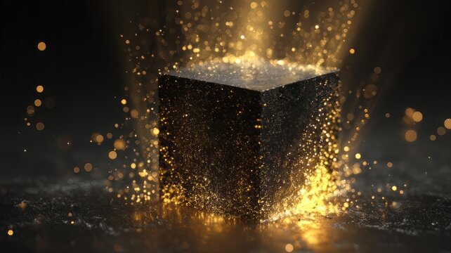 Golden dust particle explosion around black cube, glowing magic podium background, luxury product display pedestal for marketing