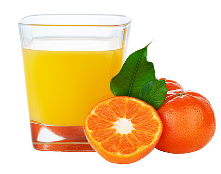 Fresh orange juice served in a glass with whole oranges on a white background