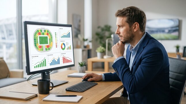 Male sports manager at desk reviewing stadium seating chart and ticket sales analytics on desktop monitor, representing sports venue management, ticket revenue analysis, and event planning