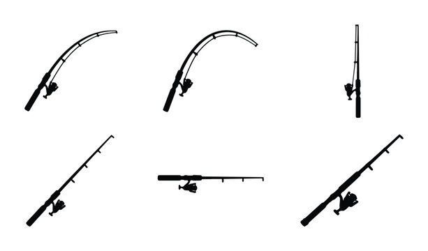 Fishing rod silhouettes set with reels and various poses for angling, sport and hobby