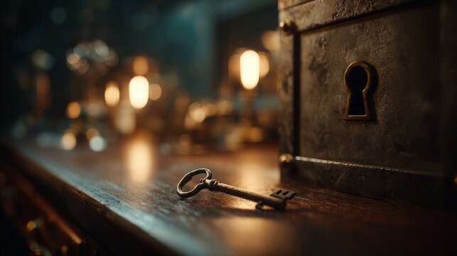 Vintage skeleton key on dark wooden table, mysterious antique keyhole box with warm bokeh lighting, security and mystery concept
