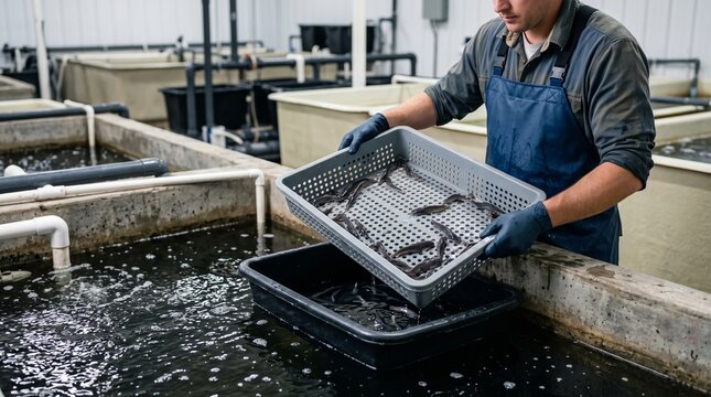 Male fish breeder sorting juvenile catfish using plastic tray in indoor hatchery representing precise aquaculture management