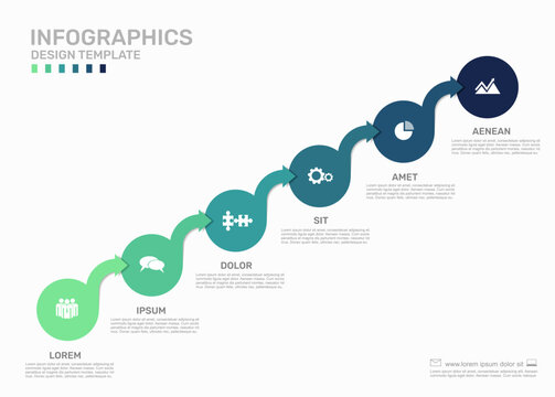 Six-step infographic template with a diagonal sequence of connected circles. Vector illustration..