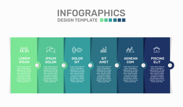 Business infographic template with six colorful vertical columns, linear icons, and text placeholders. Vector illustration.