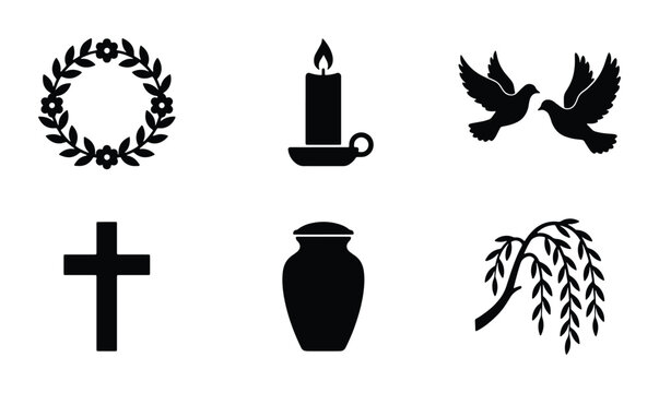 Funeral symbols set with cross, urn, candle, doves, wreath and weeping willow, grief and remembrance