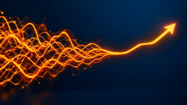 Glowing orange light waves converging into a single upward arrow representing strategic business synergy