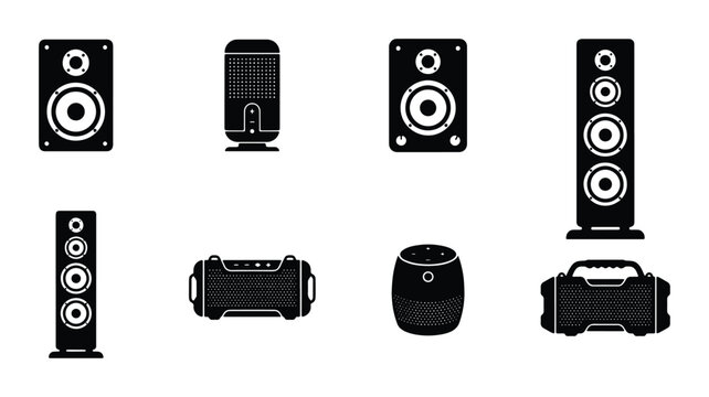 Speaker silhouettes set with bookshelf, tower, portable and smart speakers for audio technology
