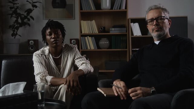 Portrait of young adult African American woman and middle aged Caucasian therapist looking at camera. Footage suitable for mental health campaigns and psychological counseling promo