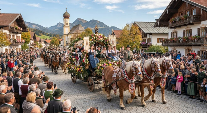 Traditionelle Leonhardifahrt in einem bayerischen Alpendorf: Festzug mit geschm&uuml;ckten Pferdewagen und Trachtengruppen
