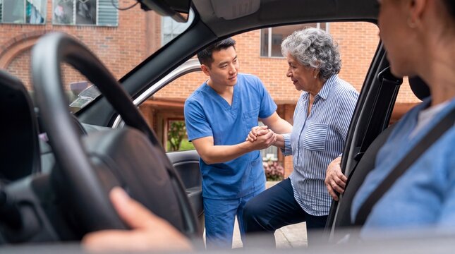 Caregiver helps senior woman exit car