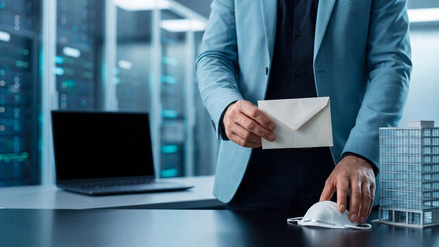 Business mail delivery and corporate communication concept. Businessman holding white envelope at office desk with laptop and building model for letter, invoice, document and company contact