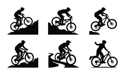 Naklejka premium Mountain biker silhouettes set with downhill riding, jumping and action poses for sports logo and print