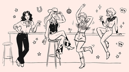 Fototapeta premium Western cowgirl bar party scene with cocktails, dancing and disco ball