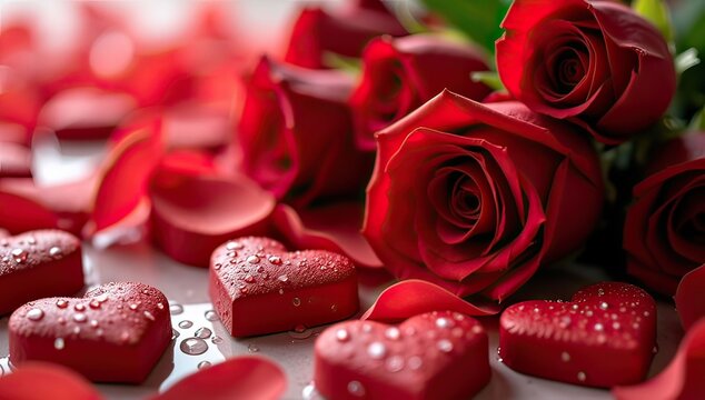 beautiful bouquet of red roses with heart shapes and water drops for valentines day or wedding background