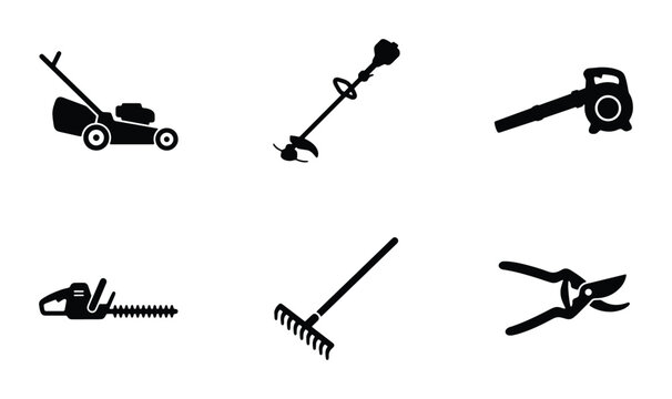 Garden tool silhouettes set with lawn mower, trimmer, blower, chainsaw, rake and pruners for landscaping logo