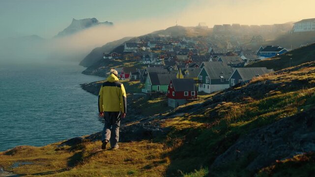 Cinematic footage of a male photographer exploring the streets of Nuuk, Greenland, and photographing the city&rsquo;s distinctive colorful houses.