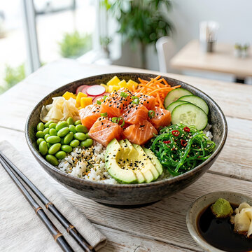 delicious fresh salmon poke bowl with avocado edamame seaweed and rice on wooden table in bright restaurant