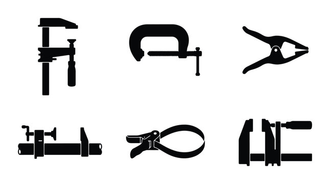 Clamp silhouettes set with C-clamp, bar clamp, spring clamp and F-clamp for workshop and DIY logo