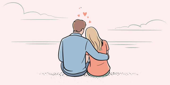 Couple sitting together from behind, man with arm around woman, looking at the sea, romantic with hearts, soft pastel colors, flat style