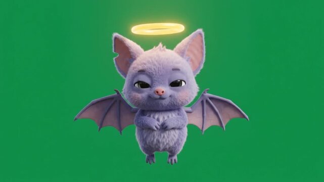 Kawaii angelic bat with glowing halo 4k green screen for halloween.