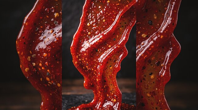 Spicy tomato sauce flows dynamically down a dark textured surface creating vibrant patterns.