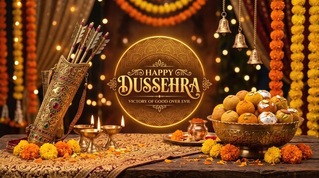 Happy dussehra festival greeting card with traditional bow, arrows, lit oil lamps, and sweets on a wooden table luxury gold vintage frames and ornate borders set