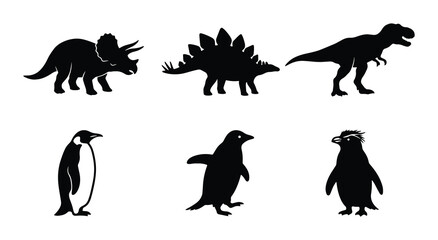 Dinosaur and penguin silhouettes set with prehistoric creatures and birds, wildlife © Jamal