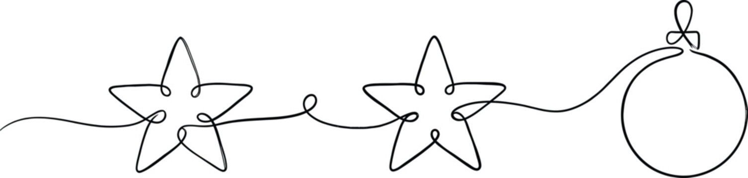 Continuous line drawing depicts two stars and a bauble with ribbon a minimalist vector illustration