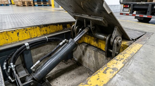 Dock plate close-up showing hydraulic lift mechanism, loading dock leveler equipment and warehouse machinery