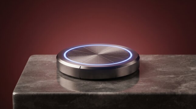 Metallic Round Wireless Charger Pad with Blue Glowing Ring LED on Marble Stand