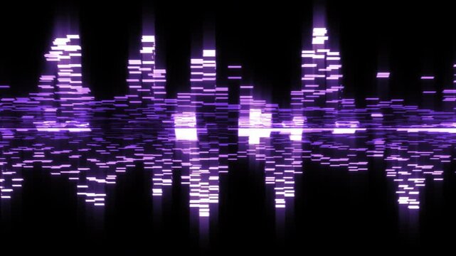 Glowing purple binary equalizer bars, rhythmic techno club music visualizer for concert screens, DJ backdrops and VJ sequences isolated on black background