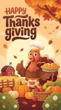 Happy Thanksgiving Greeting Card with Chef Turkey Holding Pie and Autumn Harvest.