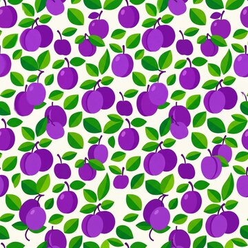 Seamless Pattern of Purple Plums with Green Leaves