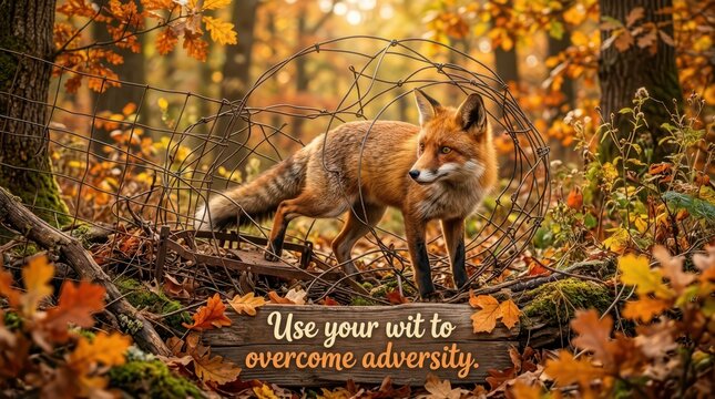 Red fox trapped in wire cage in autumn forest with motivational quote