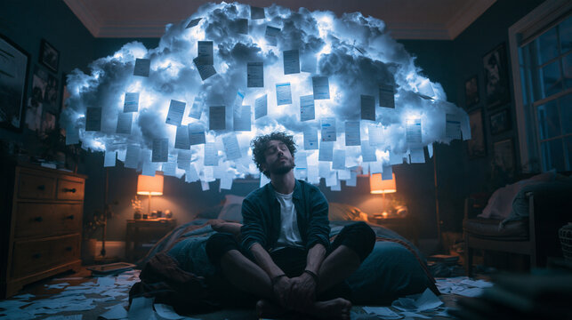 Stressed Young Man Sitting Under Glowing Thought Cloud in Bedroom