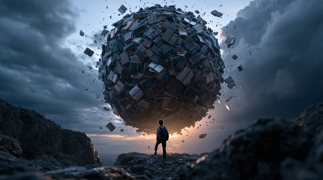 Surreal Giant Sphere of Books Floating Over Rocky Landscape