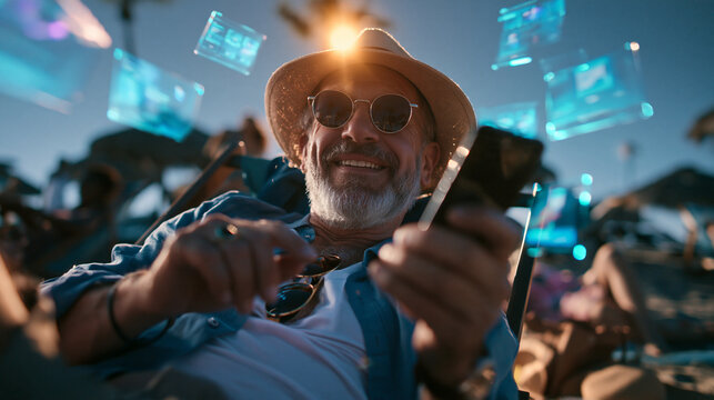 Smiling Mature Man Using Augmented Reality Holographic Screens on Beach
