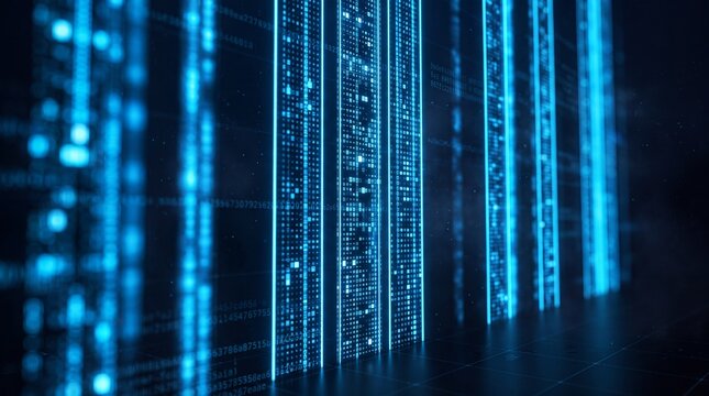 Glowing Blue Digital Data Streams in Cyberspace Concept