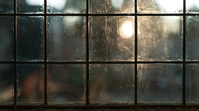 Old Dirty Gridded Glass Window with Backlight Bokeh