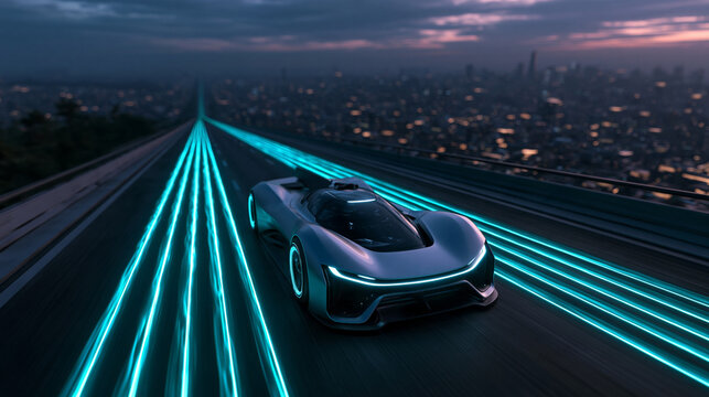 Futuristic Electric Supercar Driving on Highway Over City at Dusk