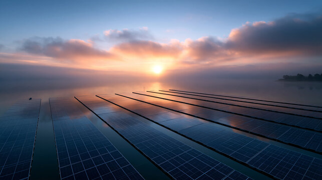 Floating Solar Panels on Water at Sunrise