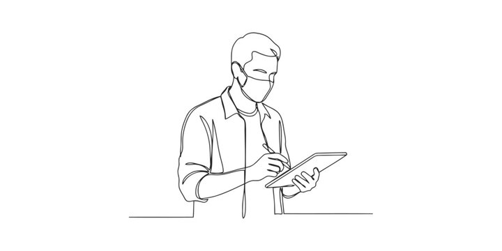 Man wearing a face mask drawing on a digital tablet continuous line drawing